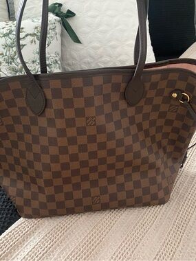 Louis Vuitton Brown Damier Check Tote with Dark Leather Trim MM